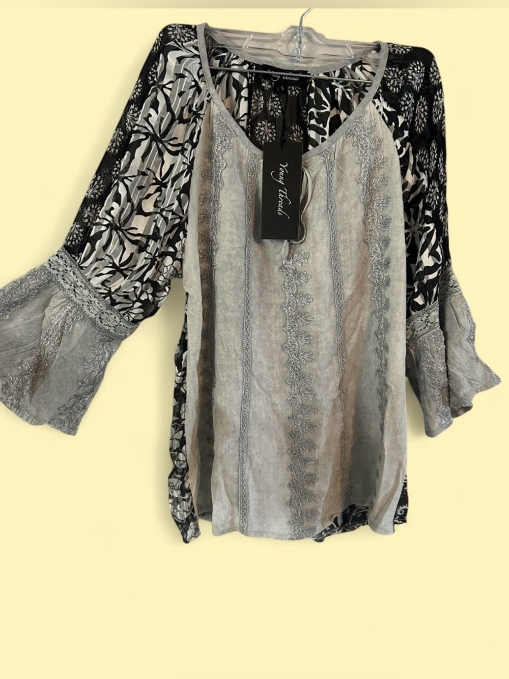 Boho Lace-Trim Split-Neck Long Sleeve Top - Gray/Black - Picture 2 of 4